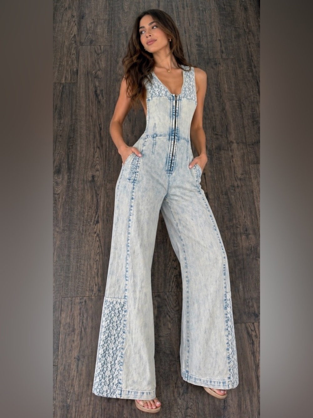 Pilcro Light Blue Acid-Wash Wide-Leg Denim Jumpsuit SZ:S New without tag.